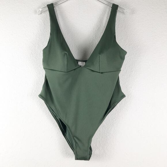 NWT H&M Ribbed High Leg Padded One Piece Swimsuit Bathing Suit Green Size XL - Picture 1 of 8